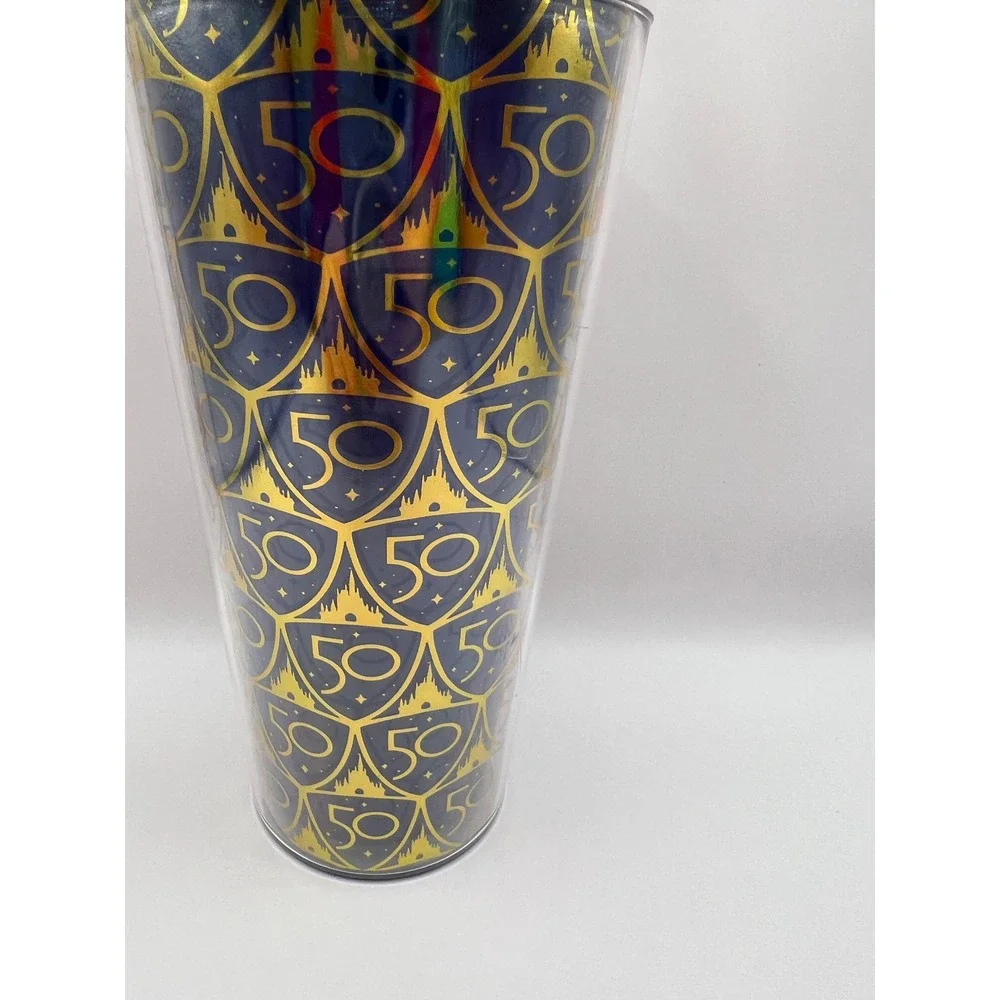 New Disney 50th Anniversary‎ Tumbler Gold Lid Blue Straw Cup Cinderella Castle